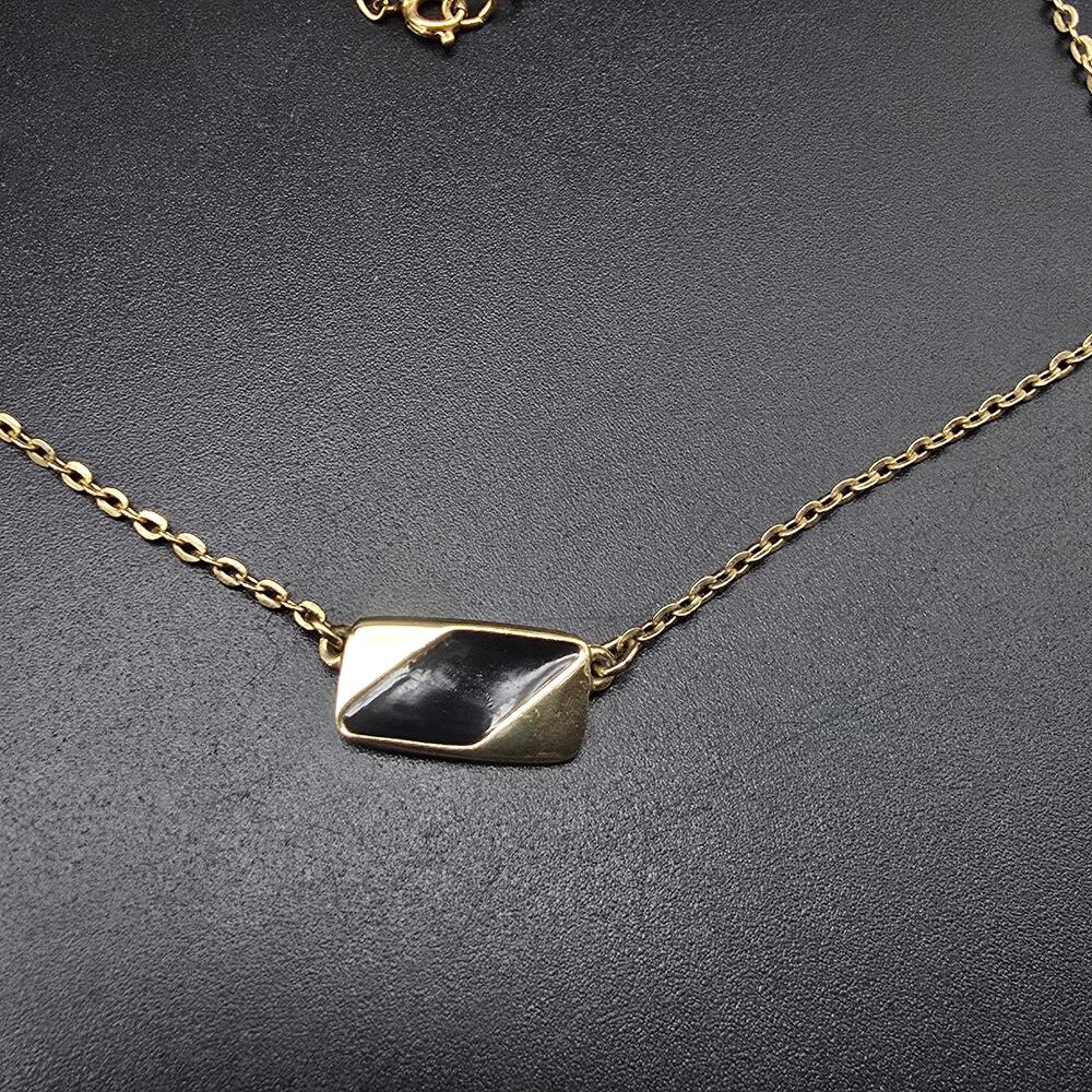 Black Enamel Geometric Pendant Necklace Gold Tone Dainty Costume Jewelry